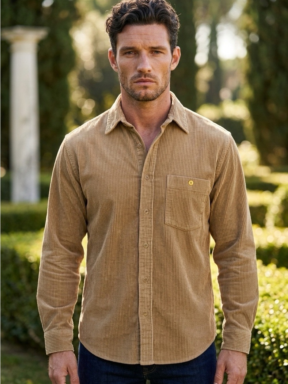2306 - Tail Men's Corduroy Button-Down Shirt in Light Brown- Vintage Canadian